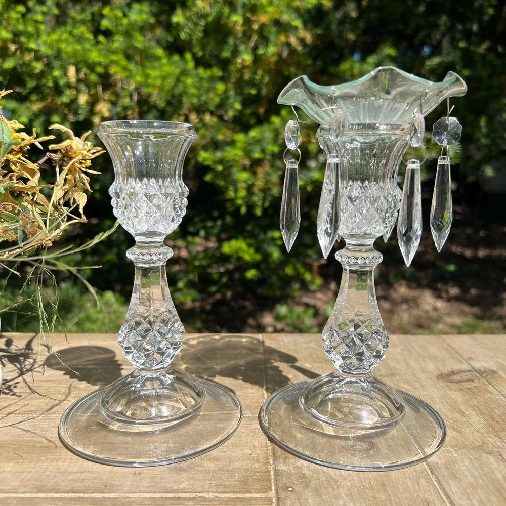 Pair of Glass Candle Holders w/ Hanging Crystals